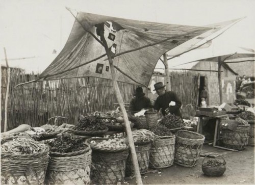 东丰县于清光绪年间的1902年设治，1914年改为县，图中为东丰县的街头，一个遮蓬搭起的菜摊，不同种类的蔬菜放置在篓内，一位顾客正在交易。